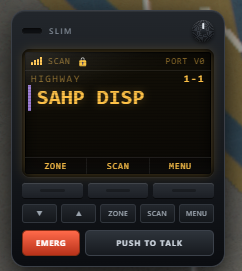 A slim radio chassis on screen showing the HIGHWAY zone, channel 1-1, the SAHP DISP label, softkeys and an emergency button.